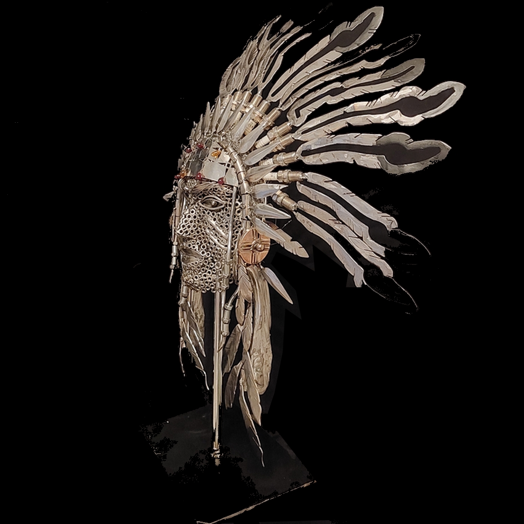 buste d'indien réalisé à partir d'objets de récupération et de pièces d'usinage en soudure TIG